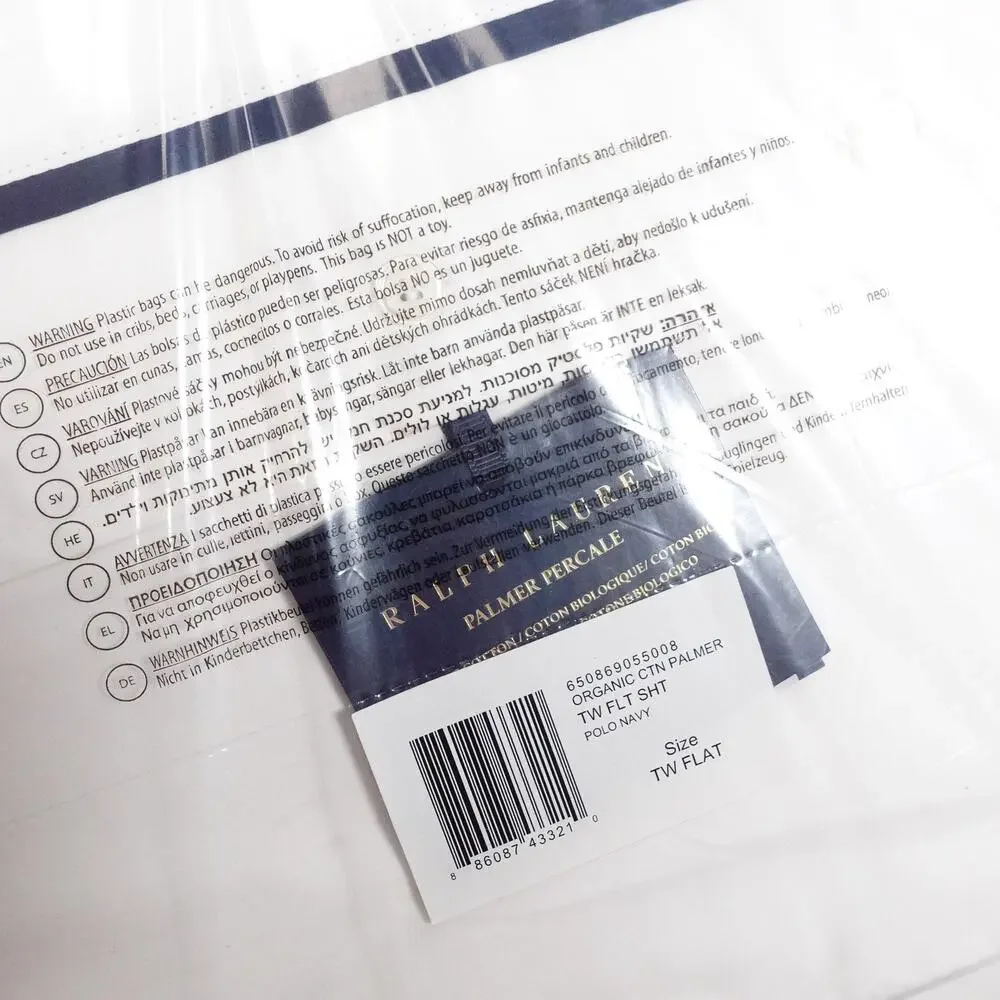 Ralph Lauren Organic Cotton Percale Palmer Twin Flat Sheet White/Polo Navy $125